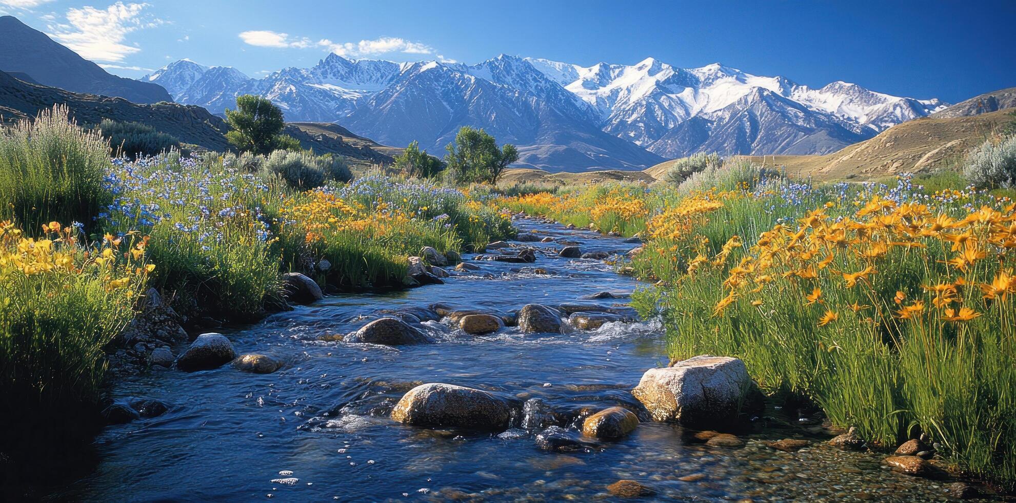 A Mountain Stream Flows Through a Field of Wildflowers photo