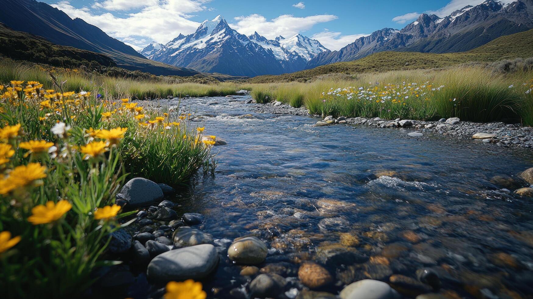 A Calm Stream Flows Through a Meadow With Snow-Capped Mountains in the Distance photo