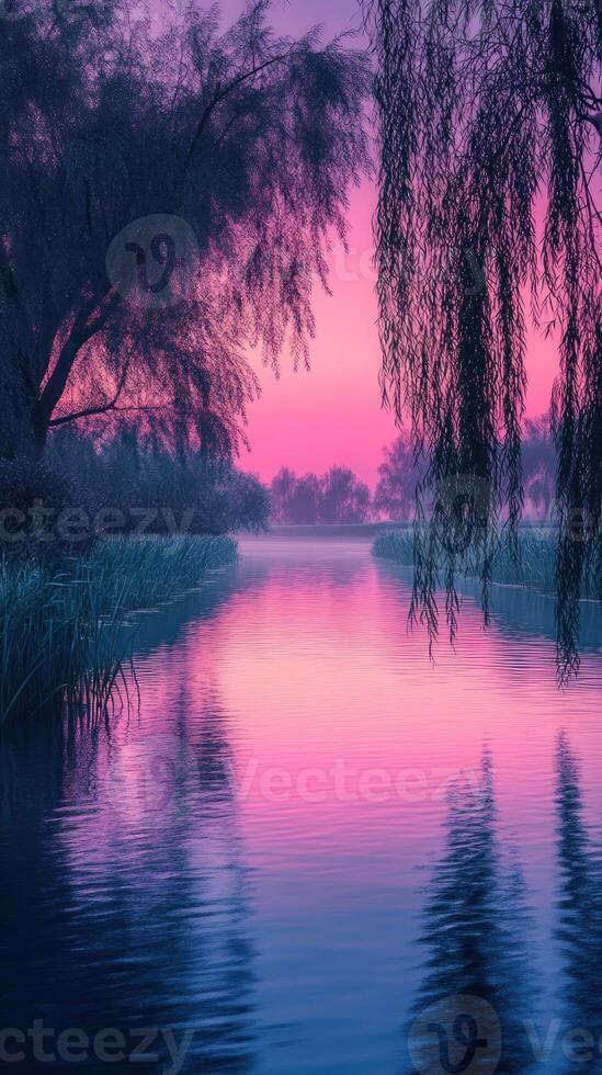 A Calm River Reflecting a Pink and Purple Sunset Through Willow Branches photo