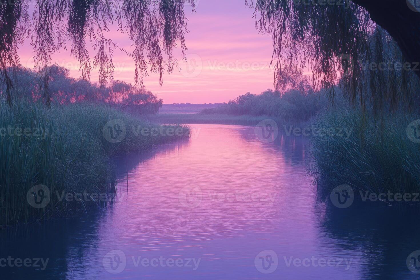 Tranquil River at Dawn with Pink Sky and Willow Trees photo
