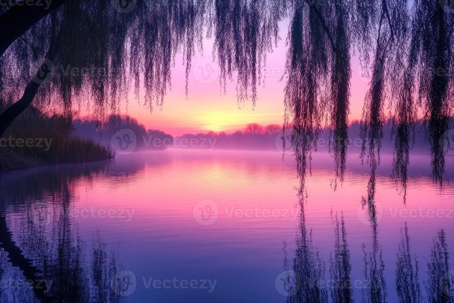Silhouetted Willow Branches Framing a Pink Sunset Over a Misty Lake photo