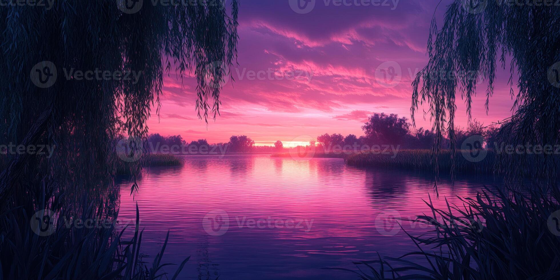 Pink Sunset Reflected in a Tranquil Lake Surrounded by Trees photo
