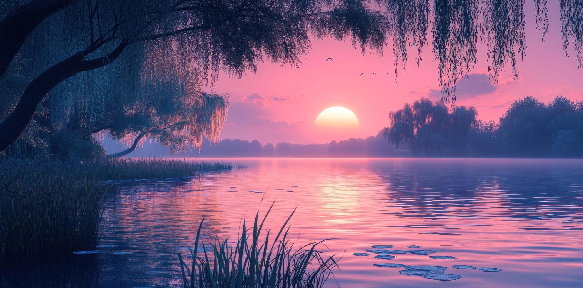 Pink Sunset Over a Still Lake with Willow Trees and Grass photo