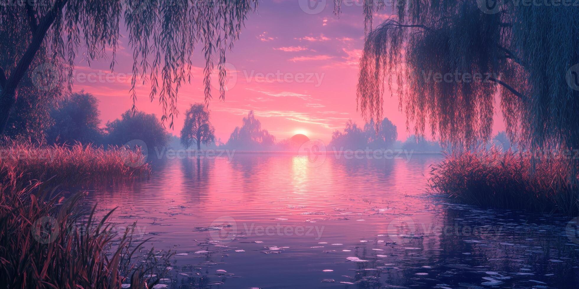 A Misty Sunrise Over a Tranquil Lake with Weeping Willows photo