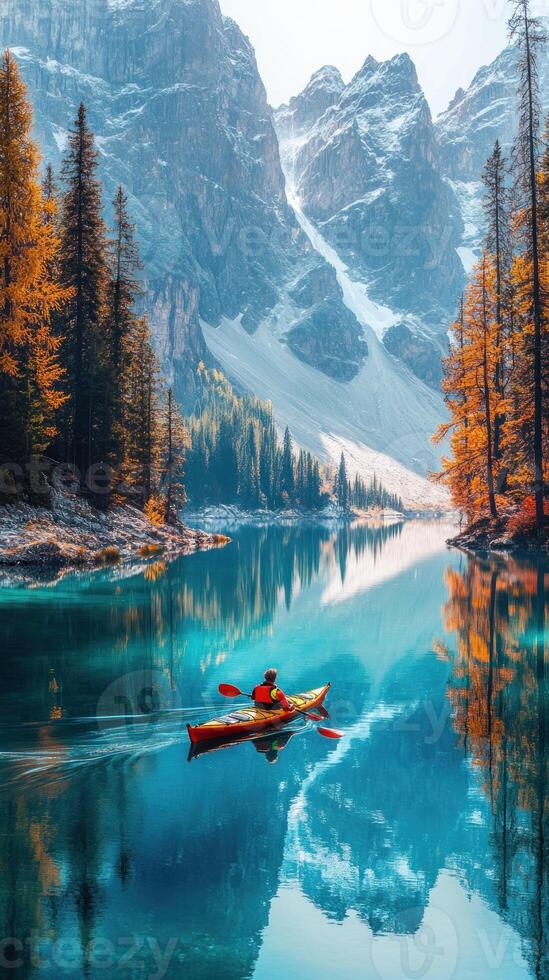 Kayaking on a Serene Mountain Lake with Autumnal Foliage and Snowy Peaks photo