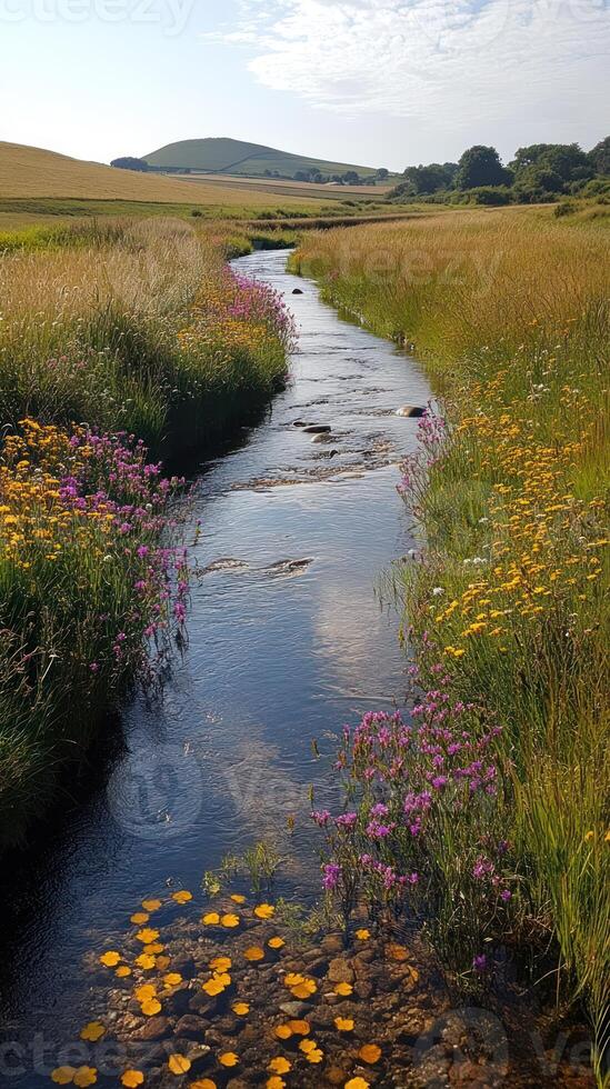 A Stream Winding Through a Field of Wildflowers Under a Clear Sky photo