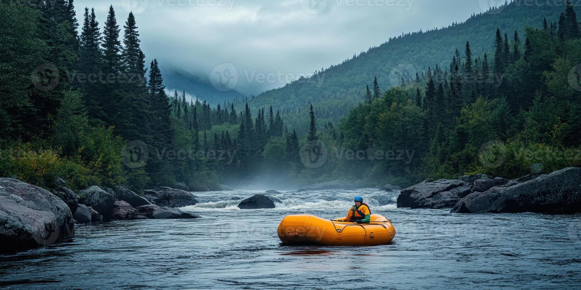 A lone rafter navigates a river amidst a misty forest photo
