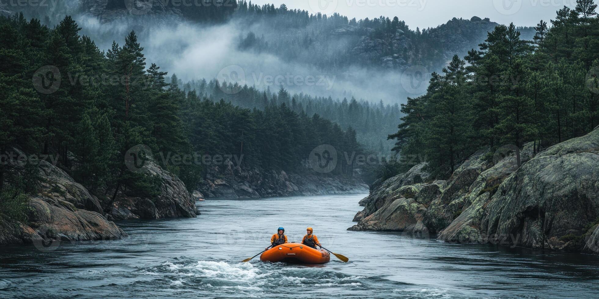 Two Rafters Navigating a Foggy River Through a Mountain Gorge photo