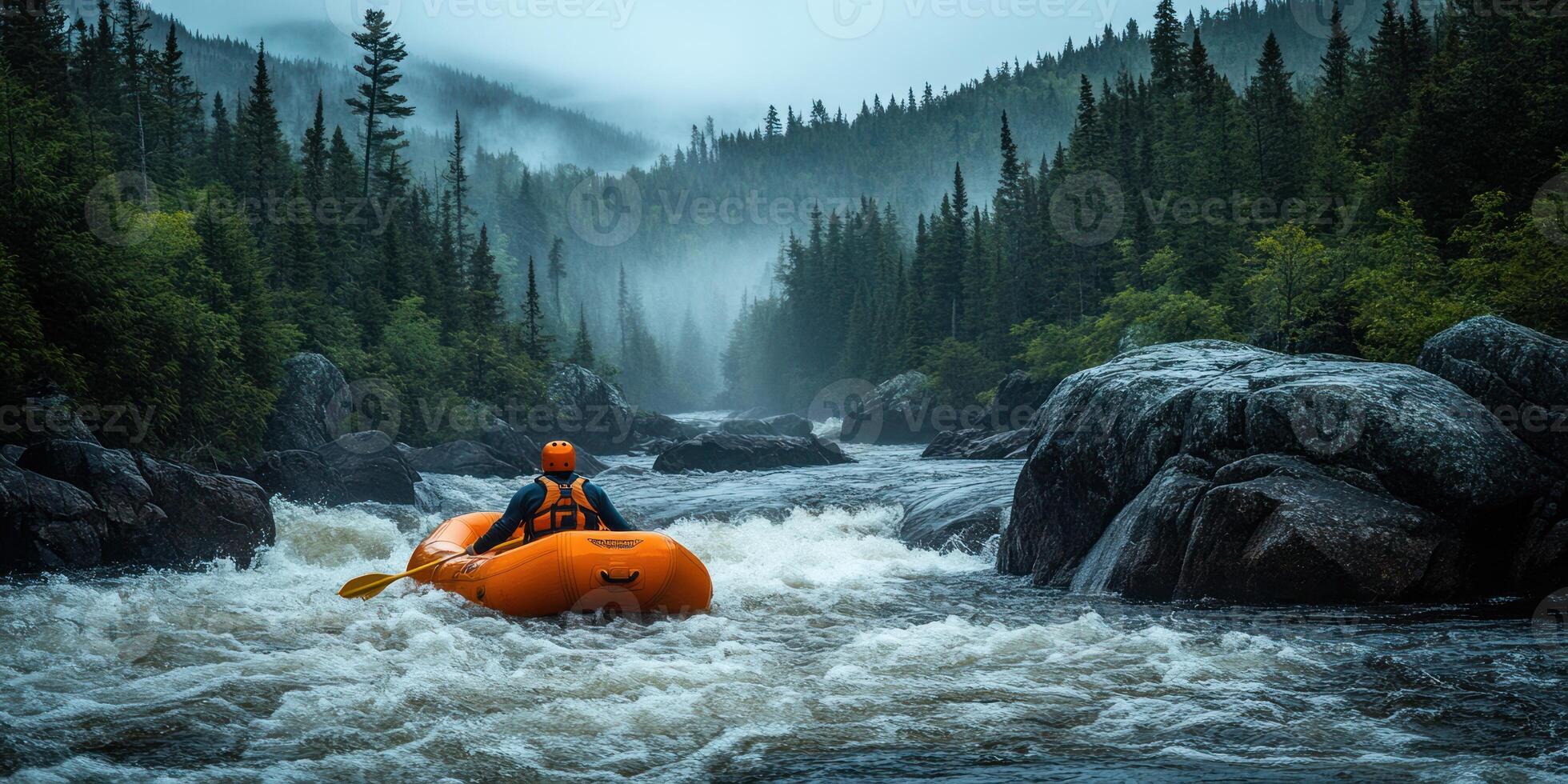 A lone kayaker navigates a rushing river in a misty forest setting. photo