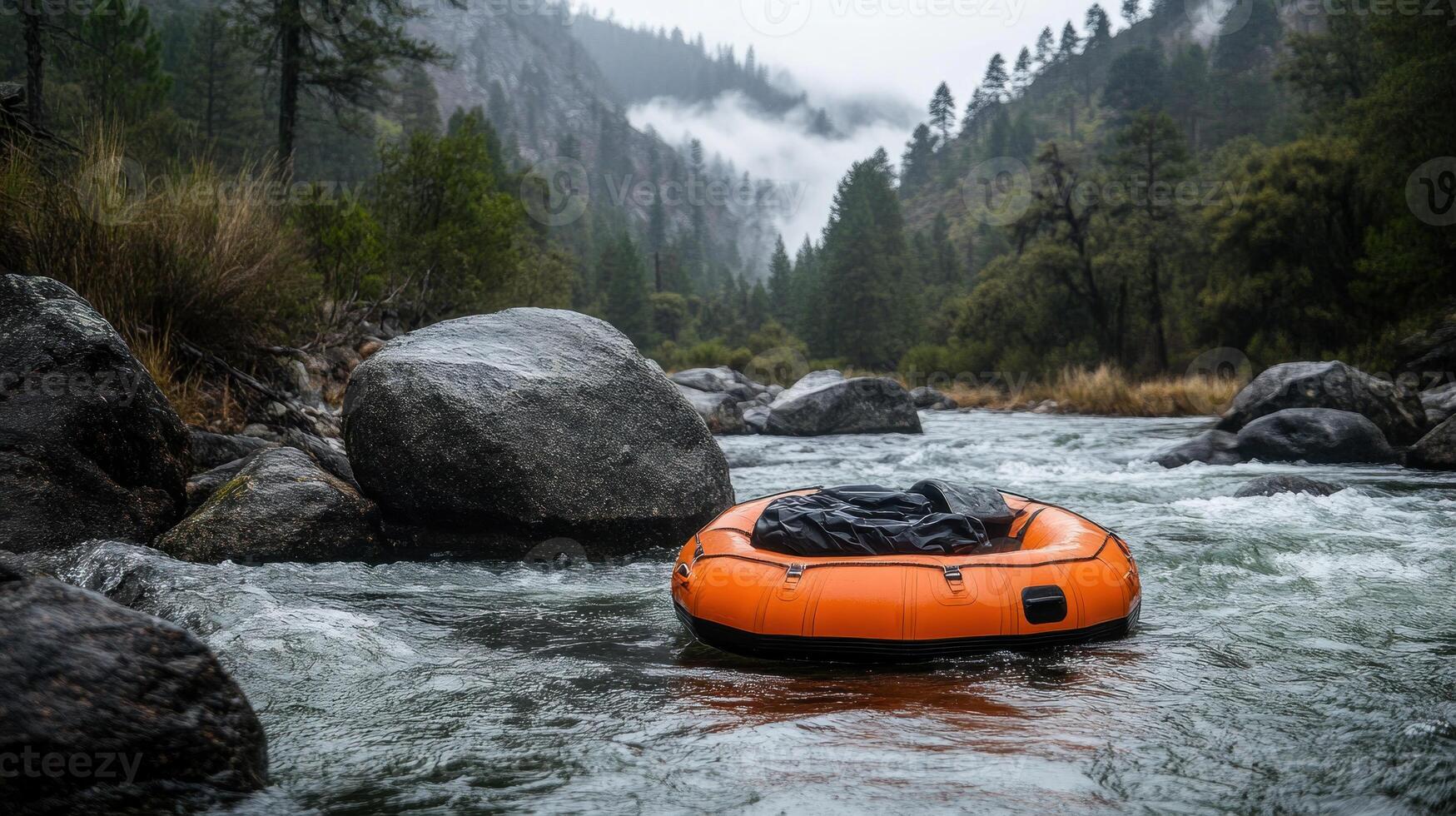 An orange inflatable raft floating in a river with a foggy forest background. photo
