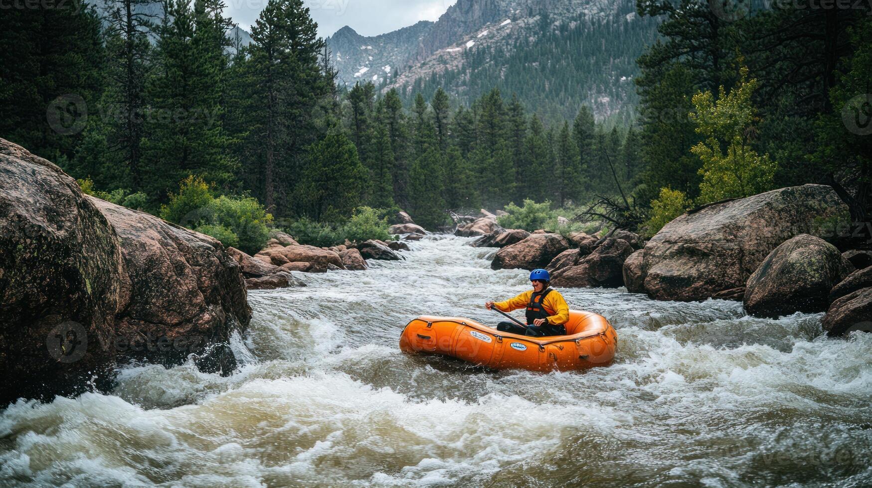 A Man in a Yellow Jacket Navigates Rapids in an Orange Raft photo
