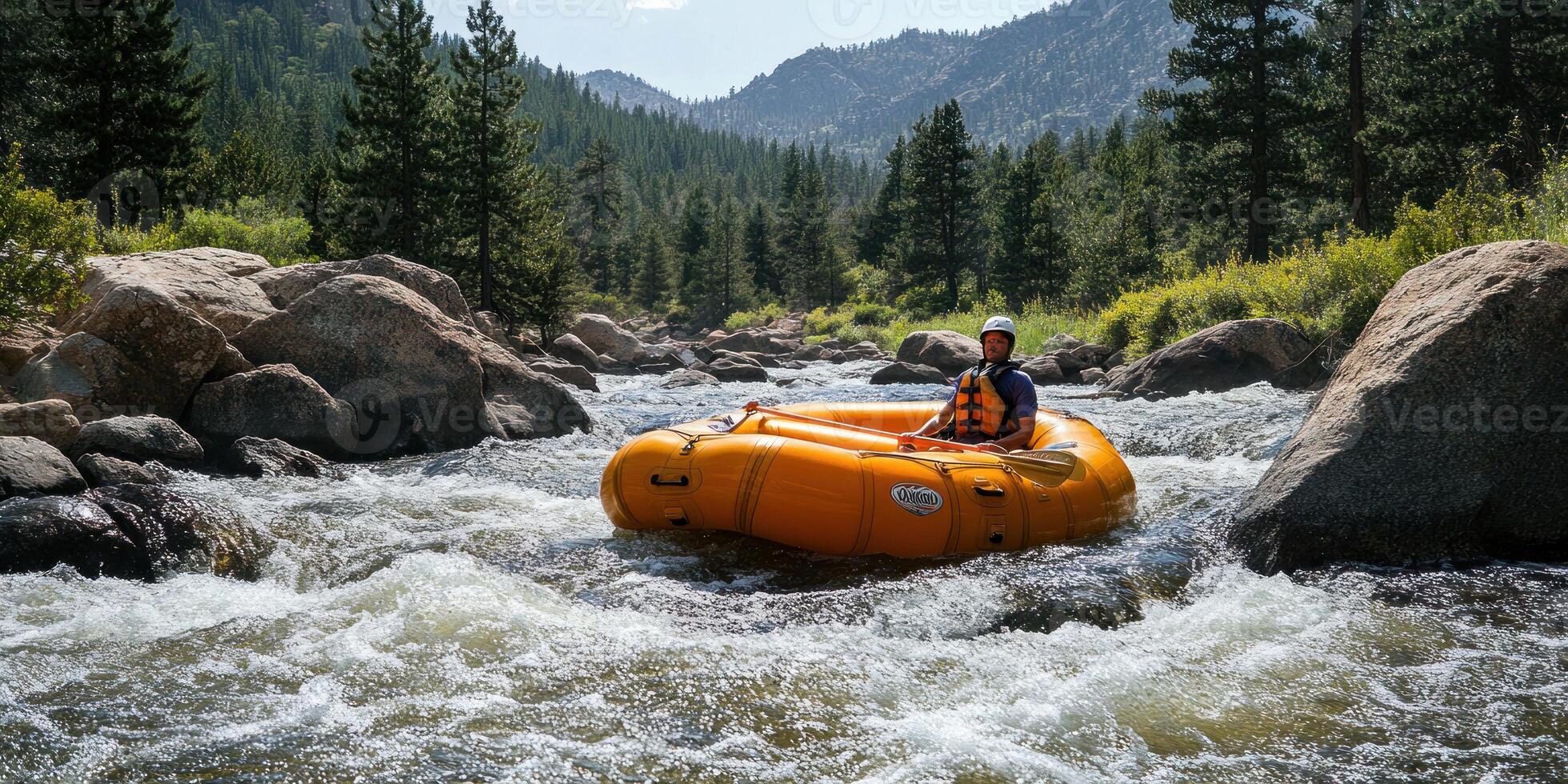 A Man Rafting Through Rapids in a Forested Landscape photo