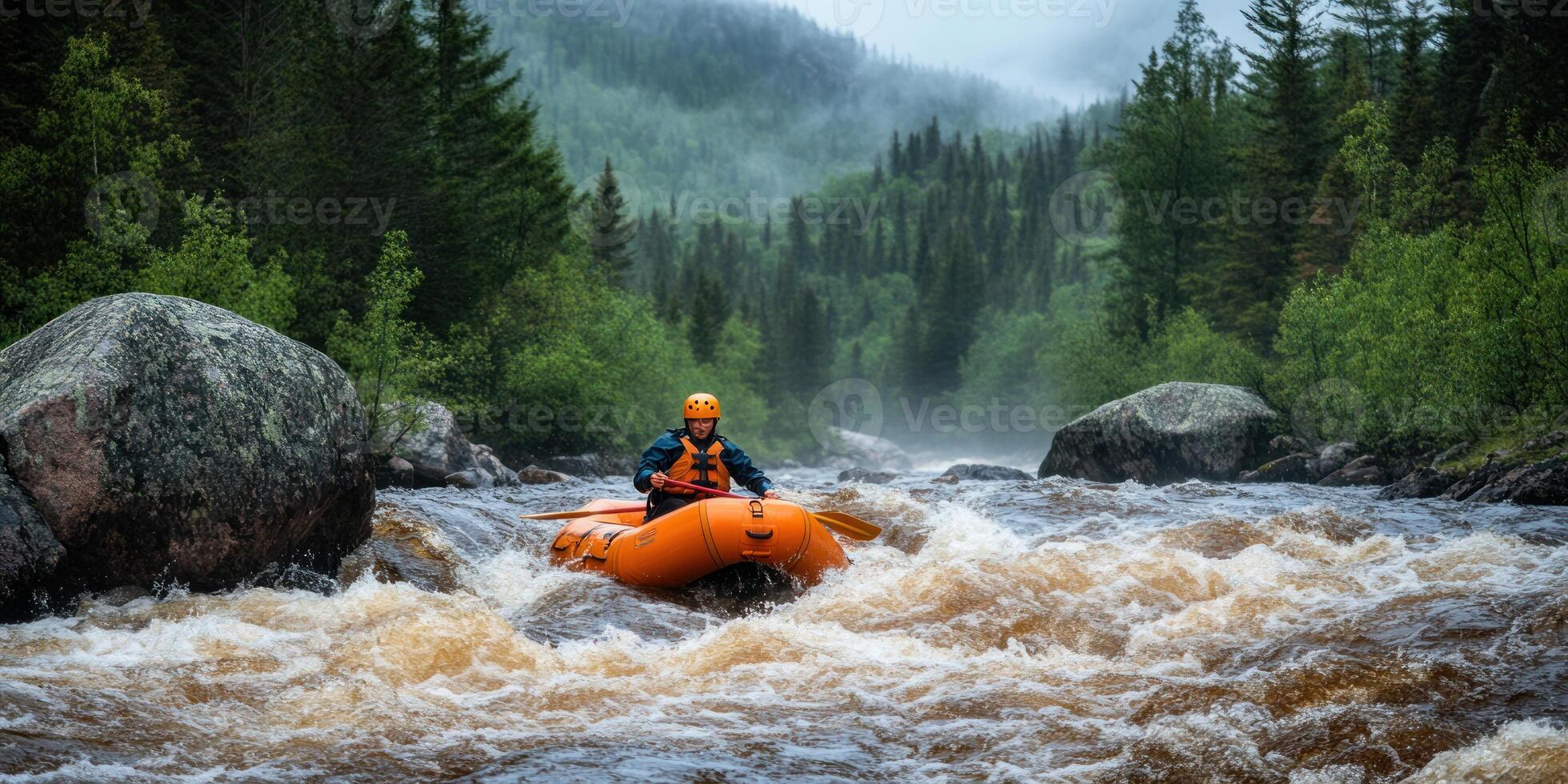 A Man in an Orange Raft Navigating Whitewater Rapids in a Forested Landscape photo