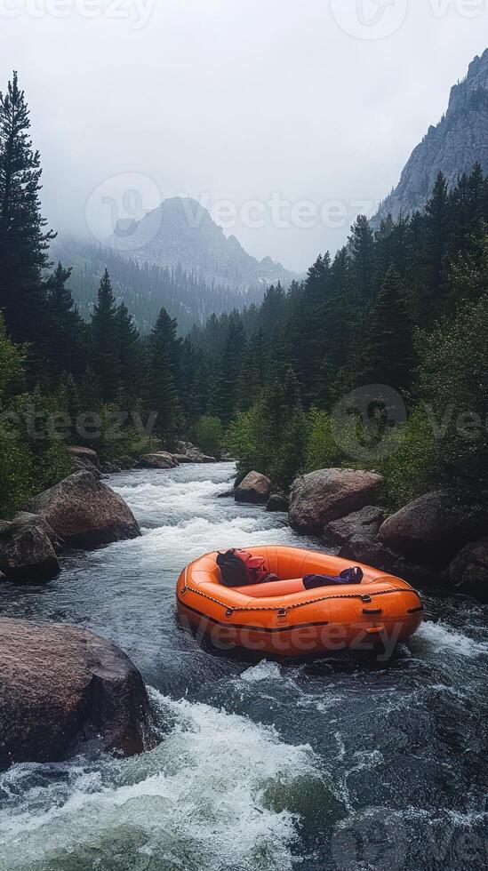 A Person Relaxing in a Bright Orange Raft on a Mountain River photo