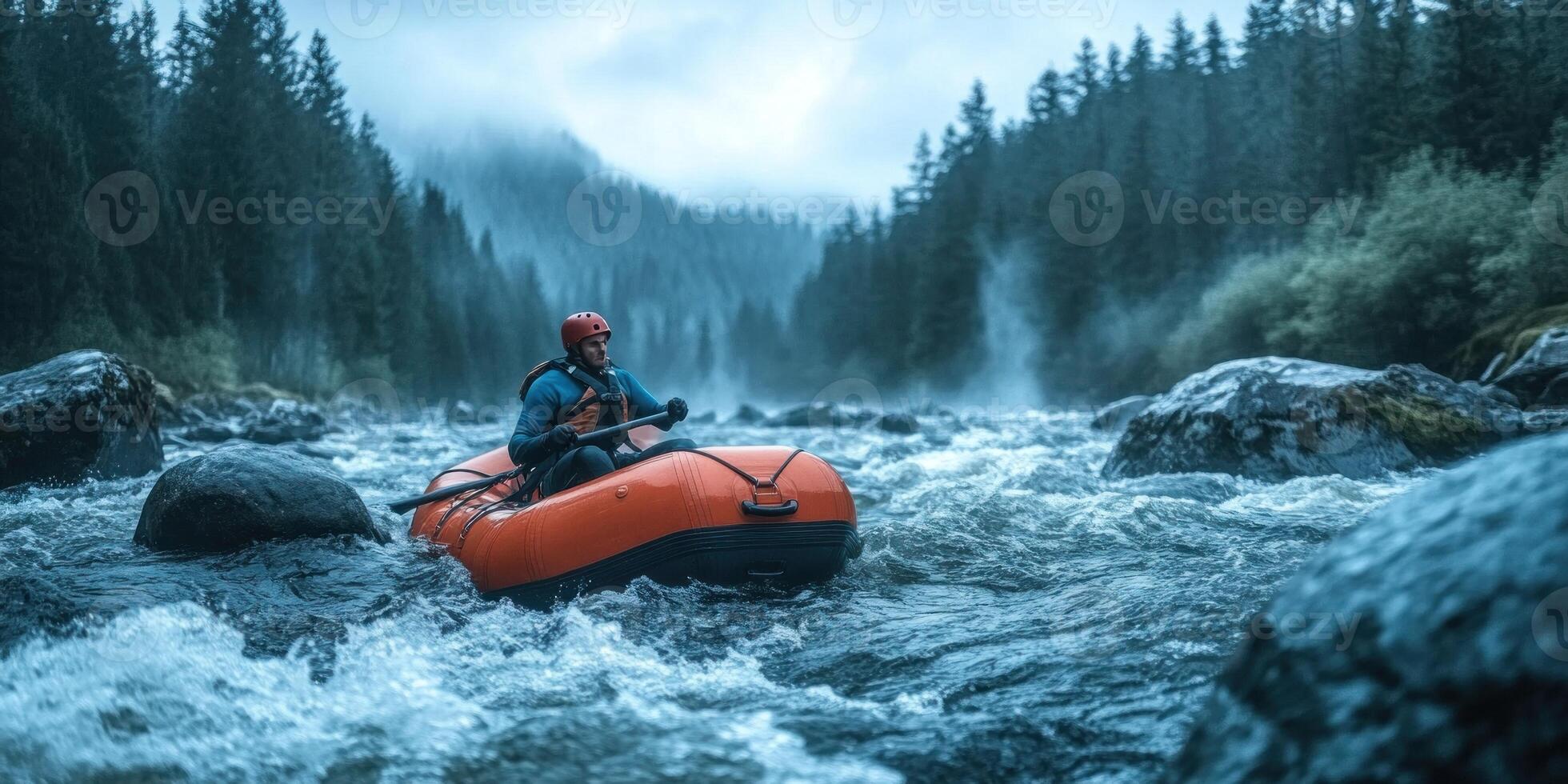 A Rafter Navigates a River with Foggy Forest in the Background photo