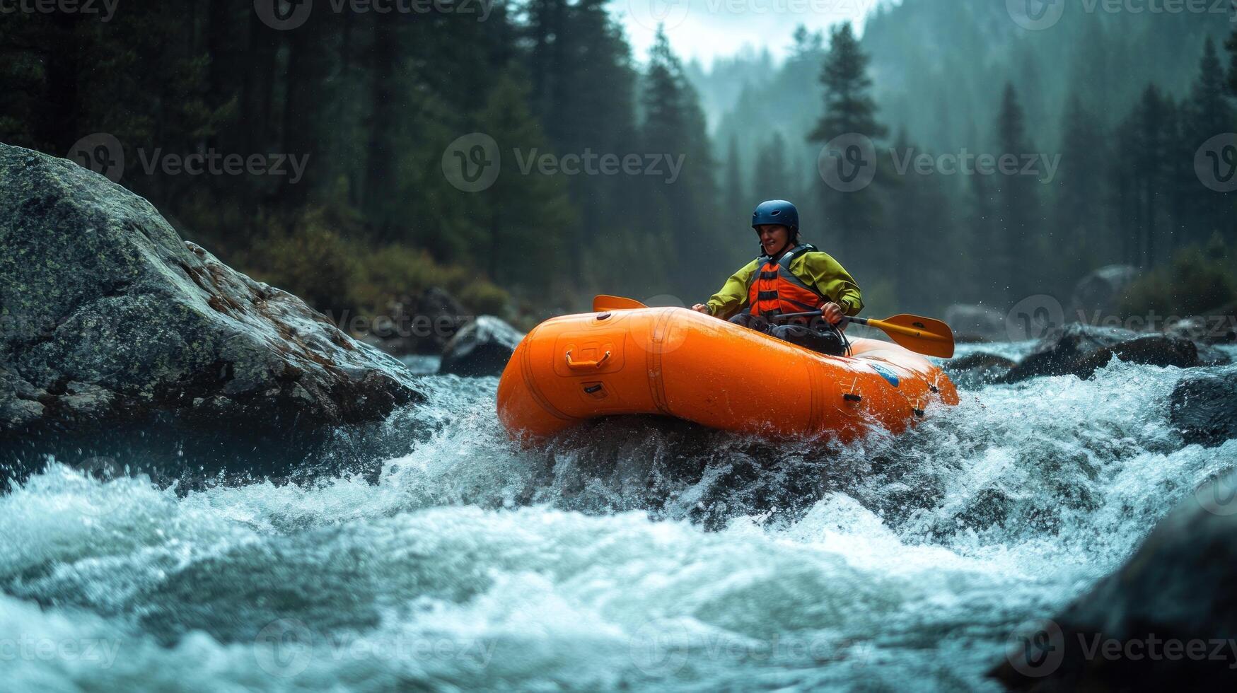 Rafting through rapids in a foggy forest photo