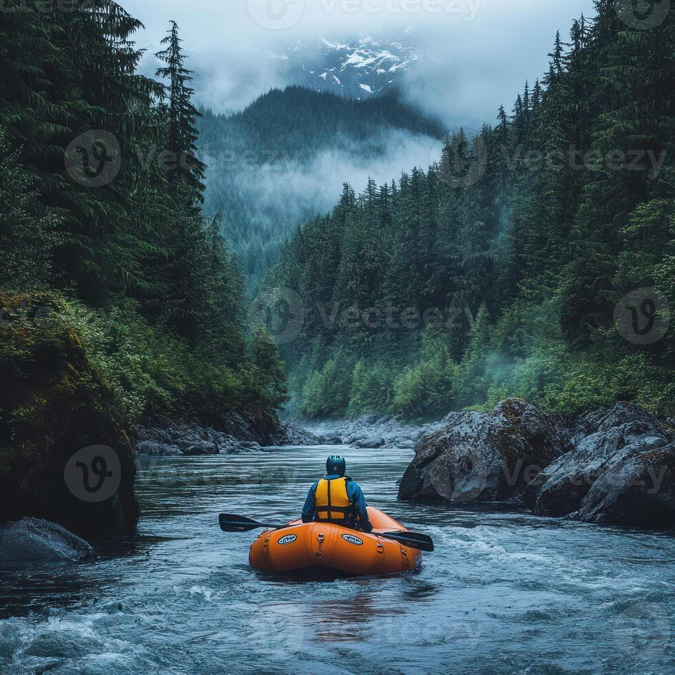 A Solo Rafter Navigates a River Through a Foggy Forest photo