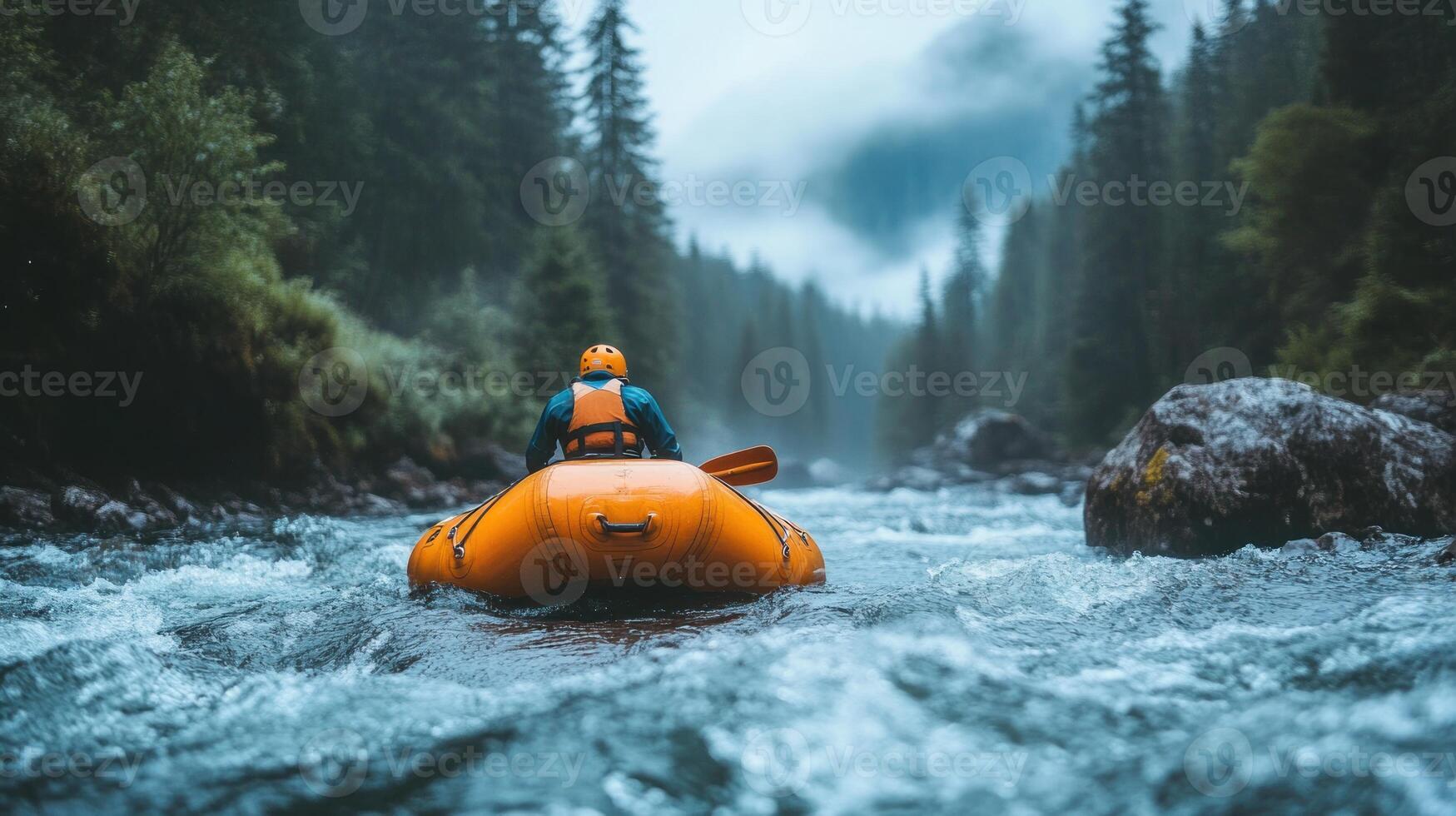 A lone rafter navigates a rushing river through a misty forest. photo