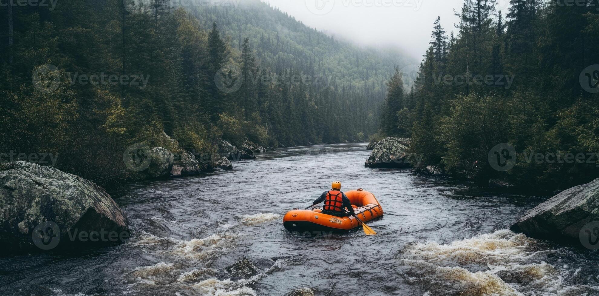 A Single Rafter Navigates a River through a Misty Forest photo