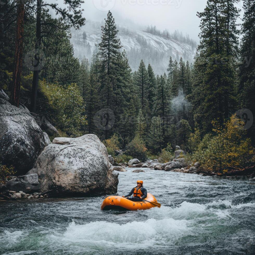 Rafting Through a Forested River in a Misty Landscape photo