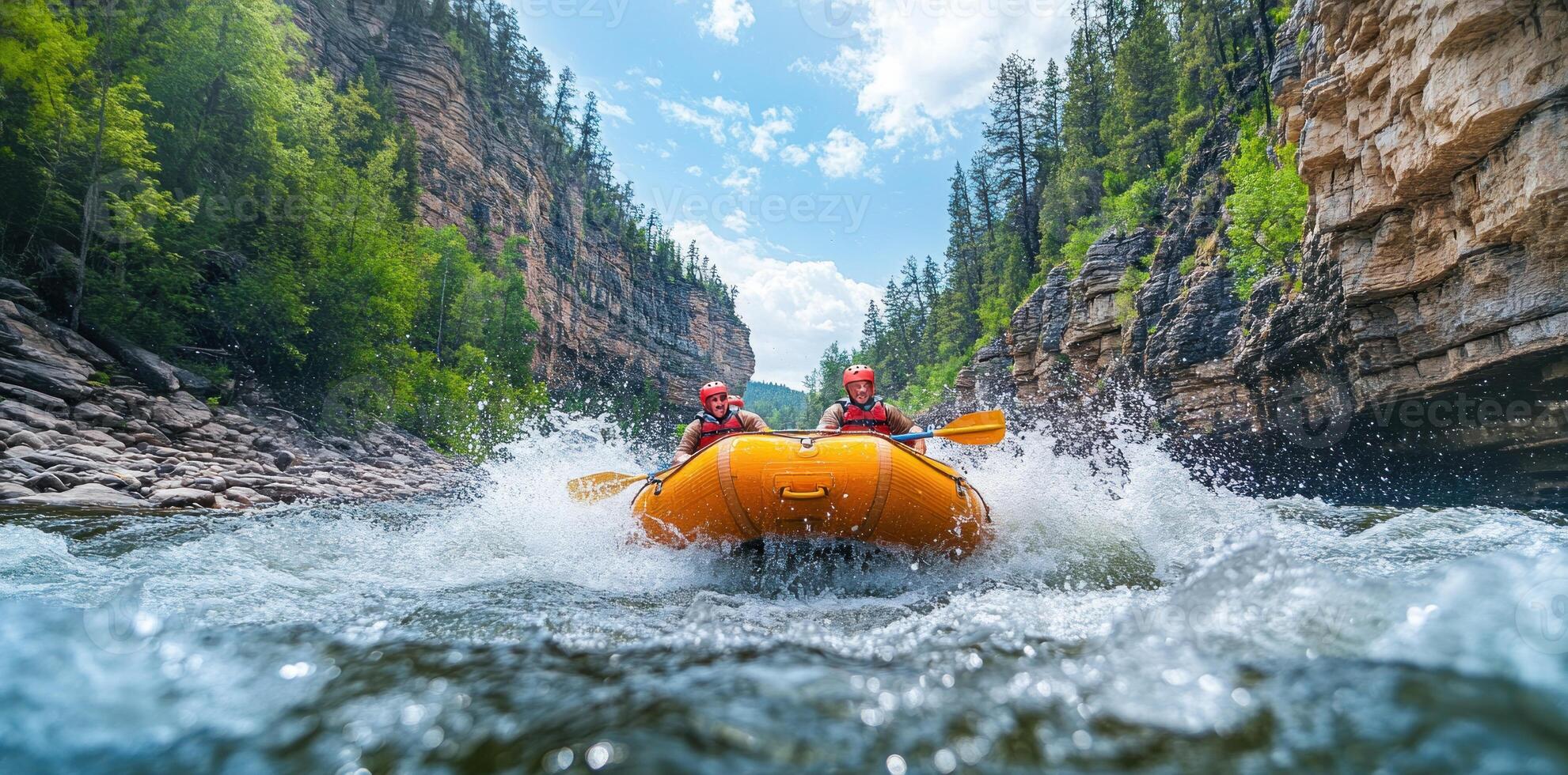Two Men Rafting Through Rapids in a Canyon photo