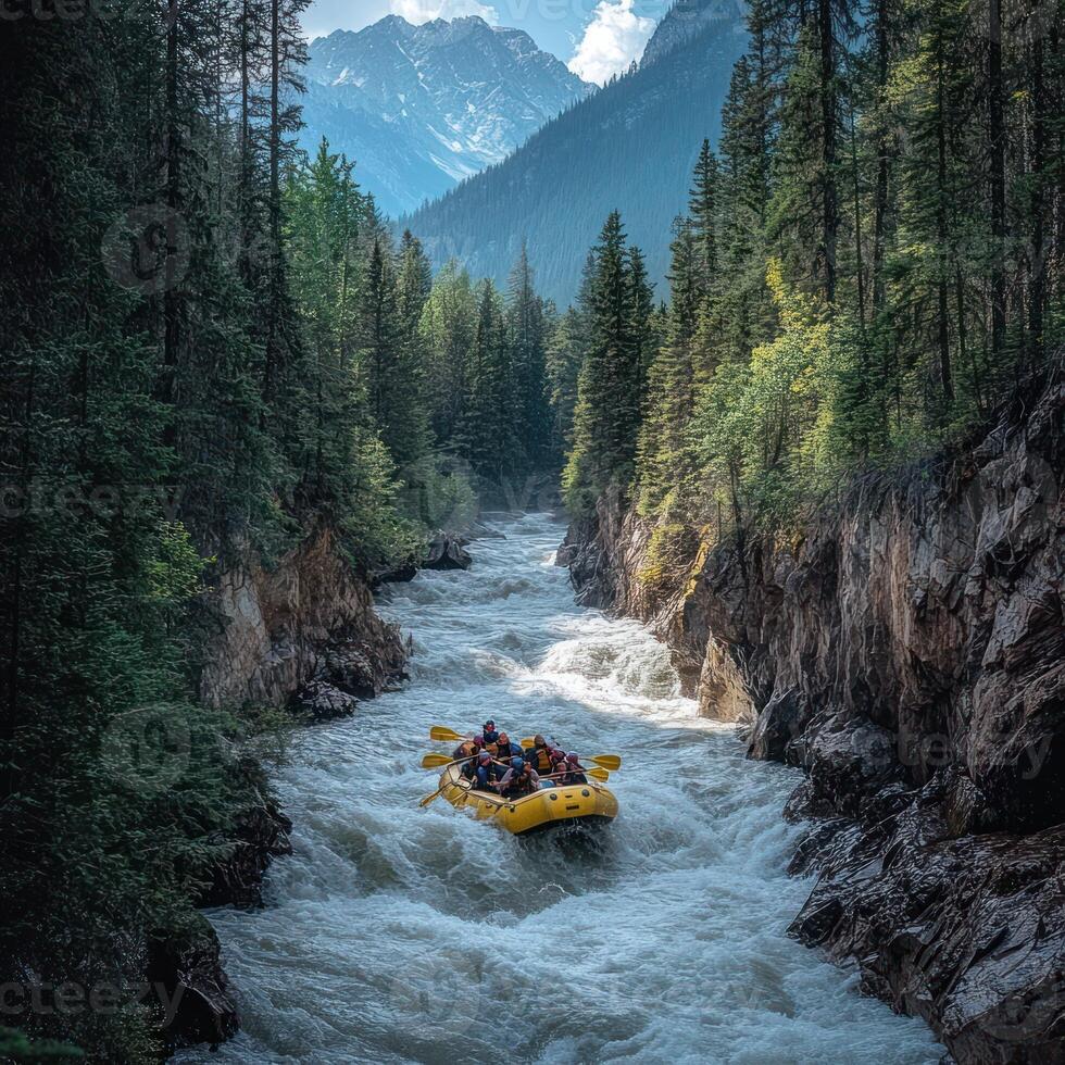 A group of people rafting through a narrow canyon with a mountain backdrop. photo