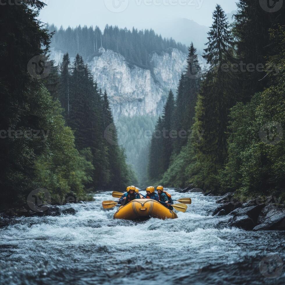 Four People in a Yellow Raft Navigating a River in a Forest photo