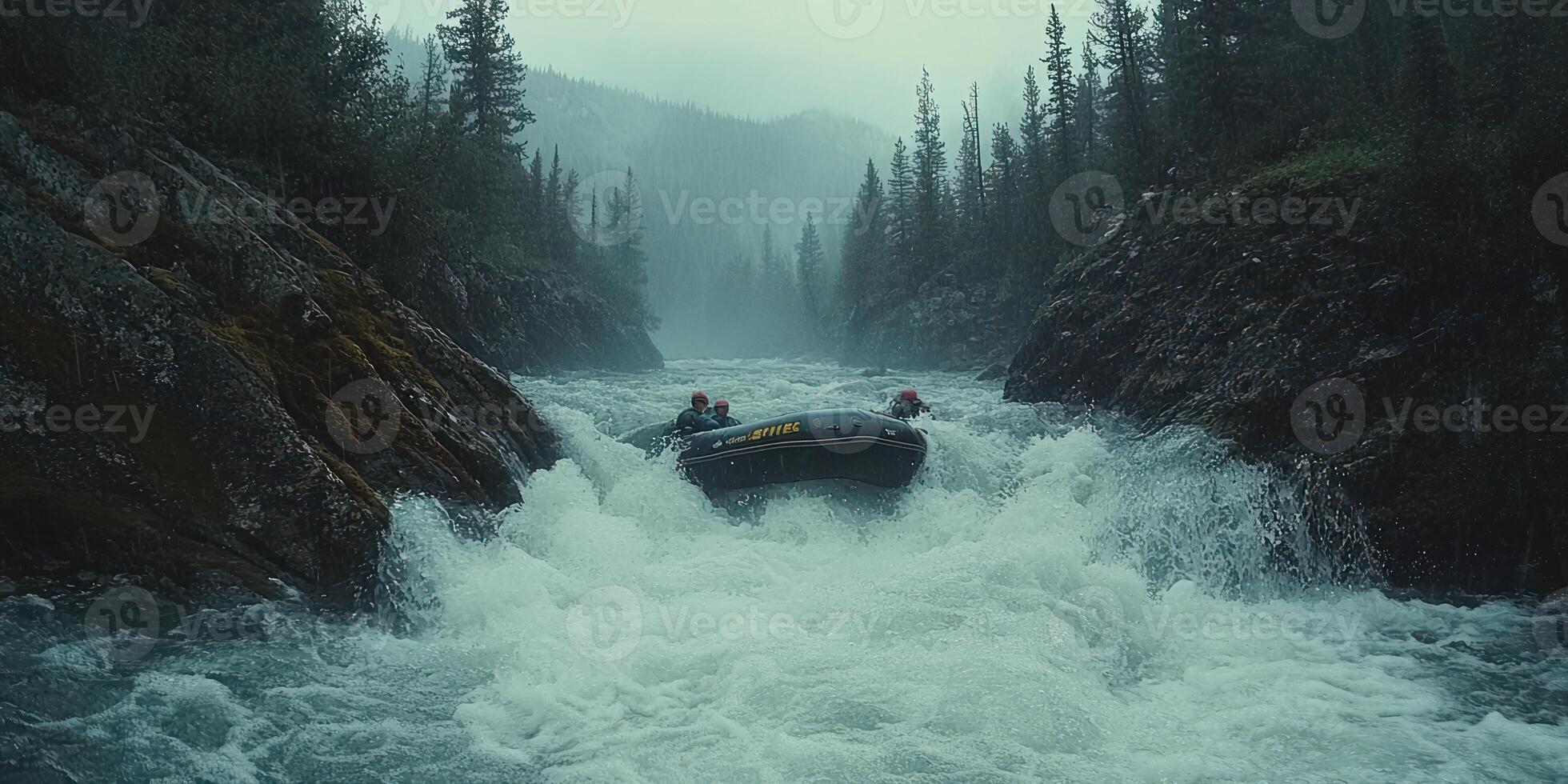 Two People In A Raft Navigating A Foamy River Gorge photo