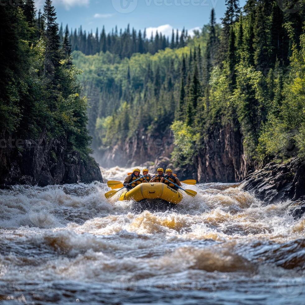 A Group of People in a Yellow Raft Navigating a River Rapid photo