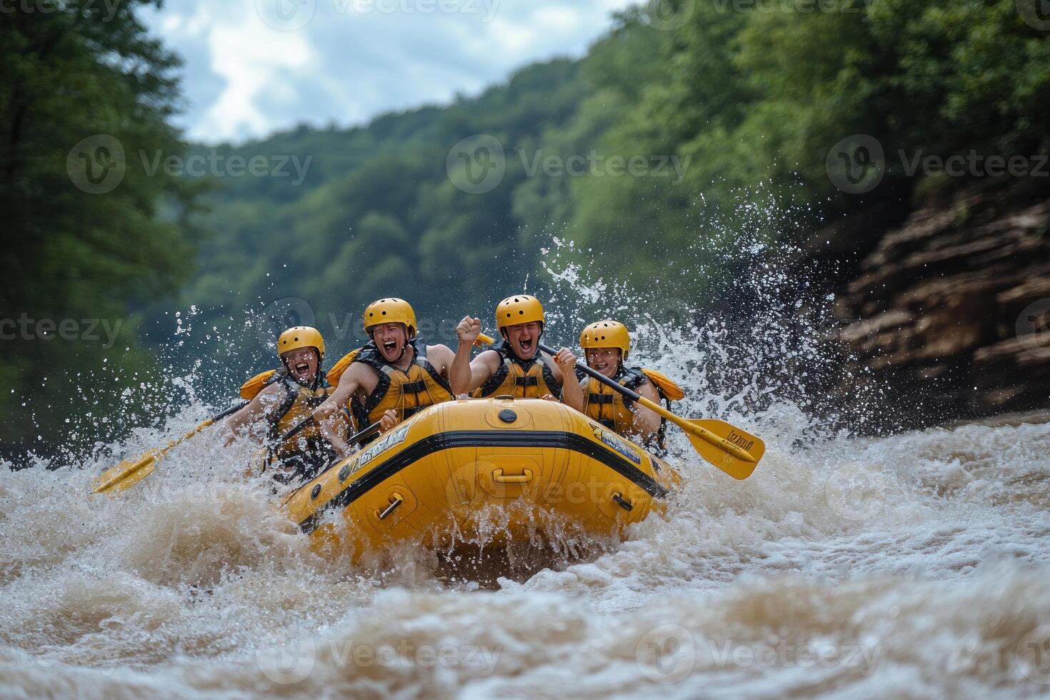 Four Men in a Yellow Raft Navigating a River Rapid photo