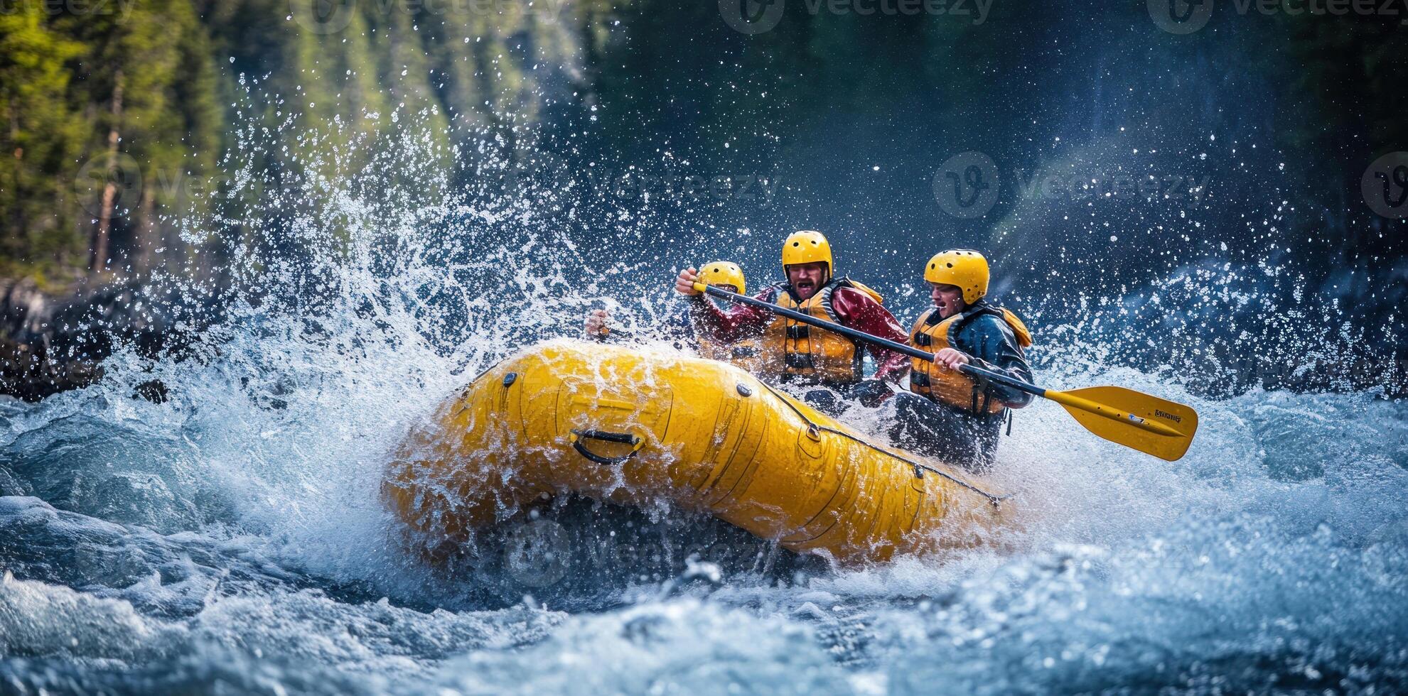 Three Men Rafting Through a Rapid with Splashing Water photo