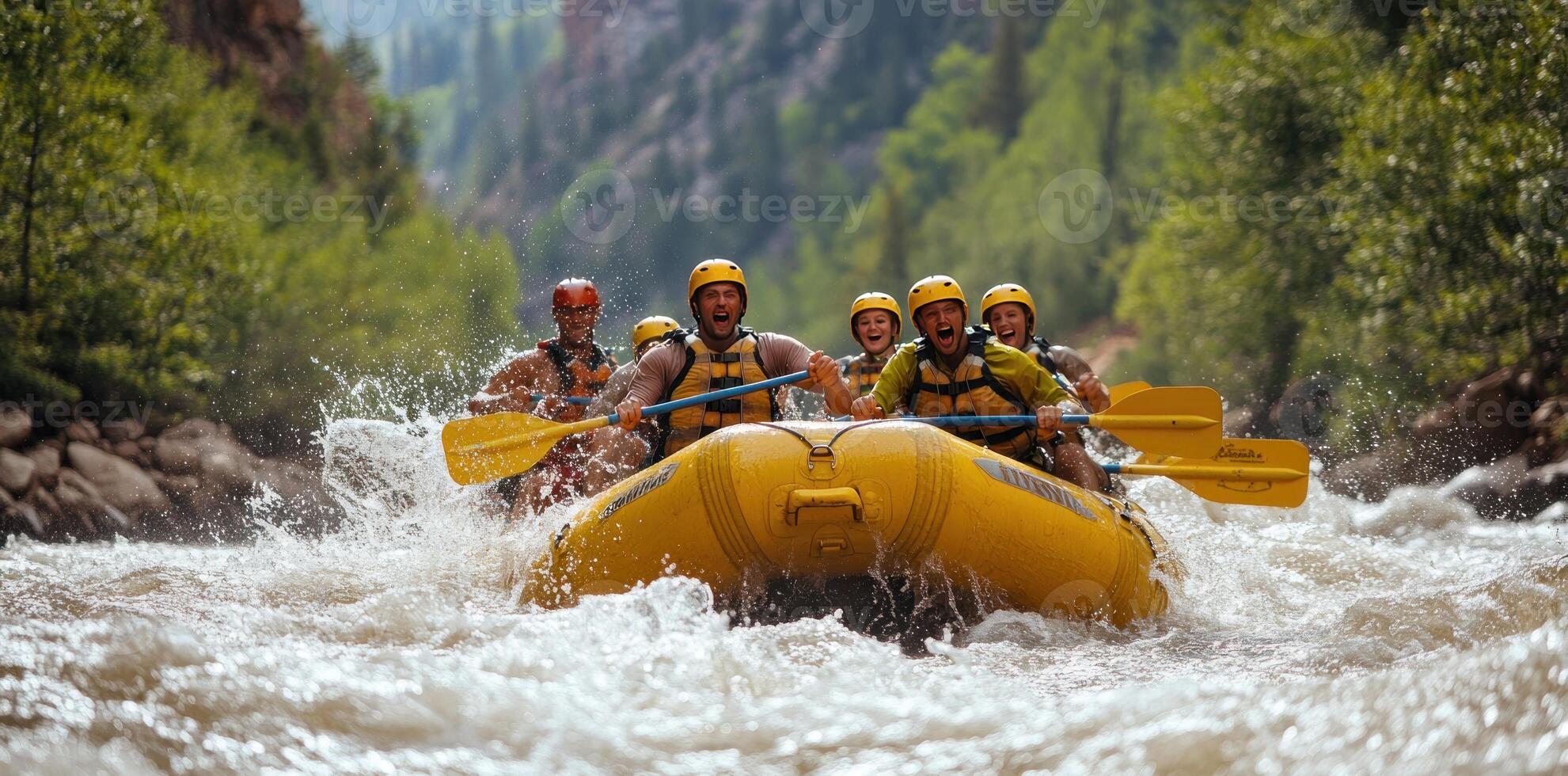 Group of people rafting down a fast-flowing river with splashing water photo