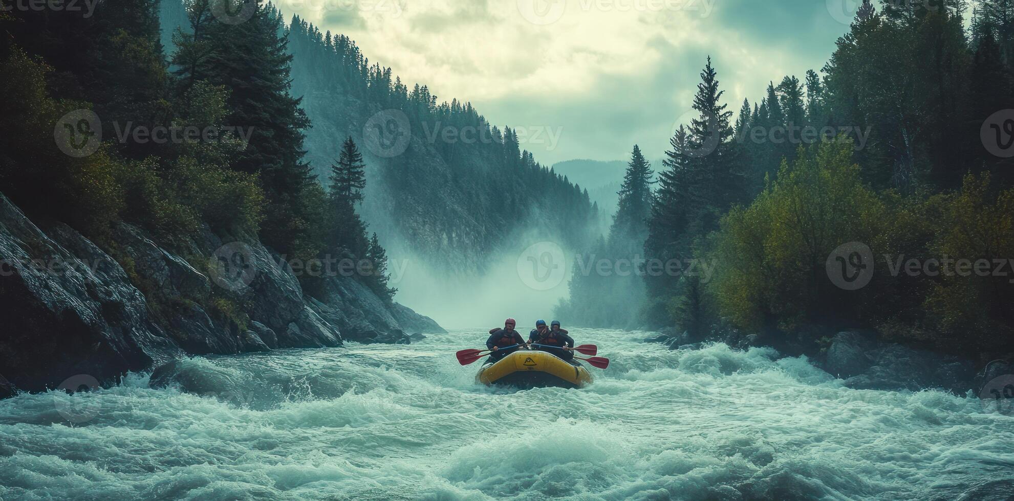 Three Rafters Navigating Turbulent Rapids in a Forested Canyon photo