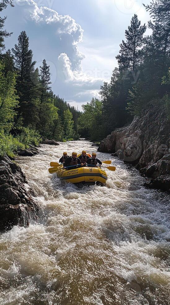 Group of Rafters Navigating Rapids in a Yellow Raft photo