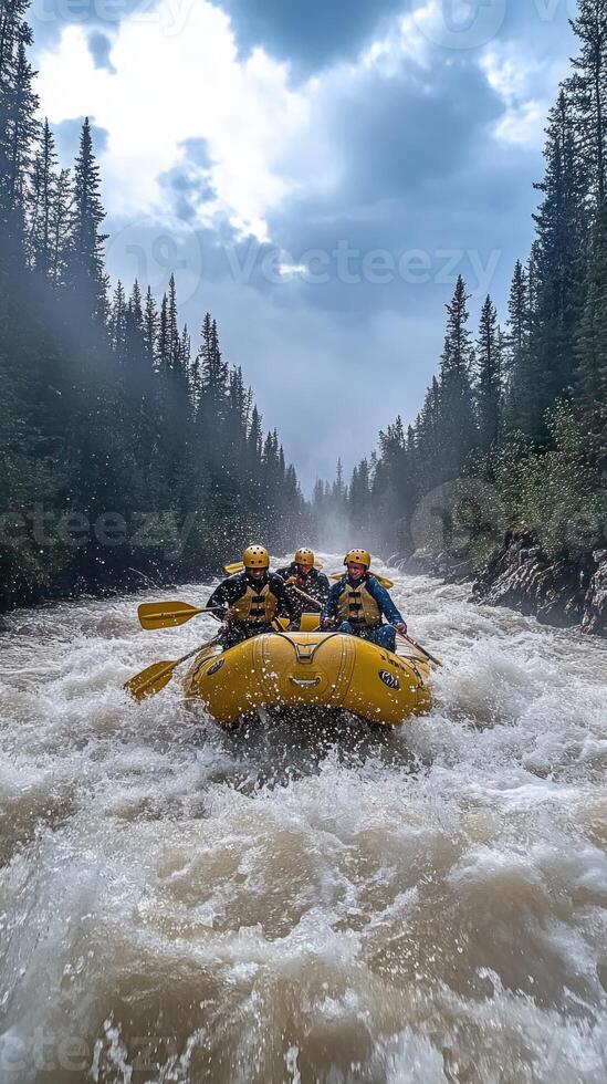 Three People in a Yellow Raft Navigating a River Rapids photo