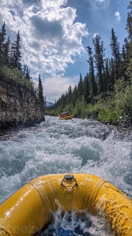 A Raft Navigating Through Raging Whitewater Rapids in a Forested Landscape photo