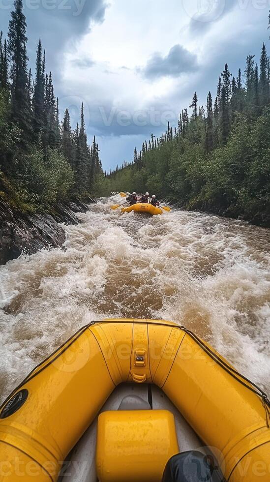 A raft navigates through rapids in a forested river. photo