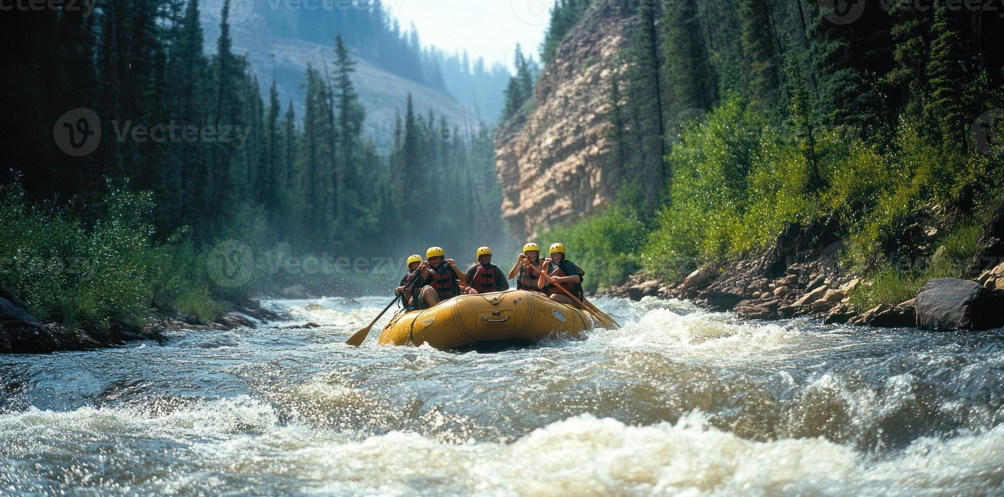 Group of Rafters Navigate a Rapids in a River Surrounded by Trees photo