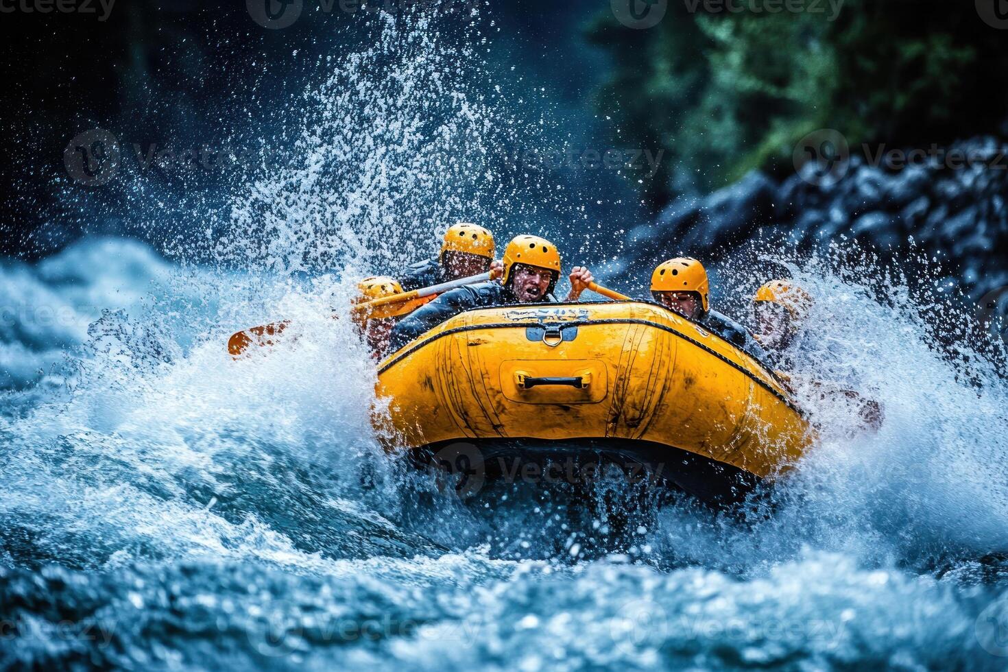 A group of people in a yellow raft navigate a turbulent river, splashing water in all directions. photo