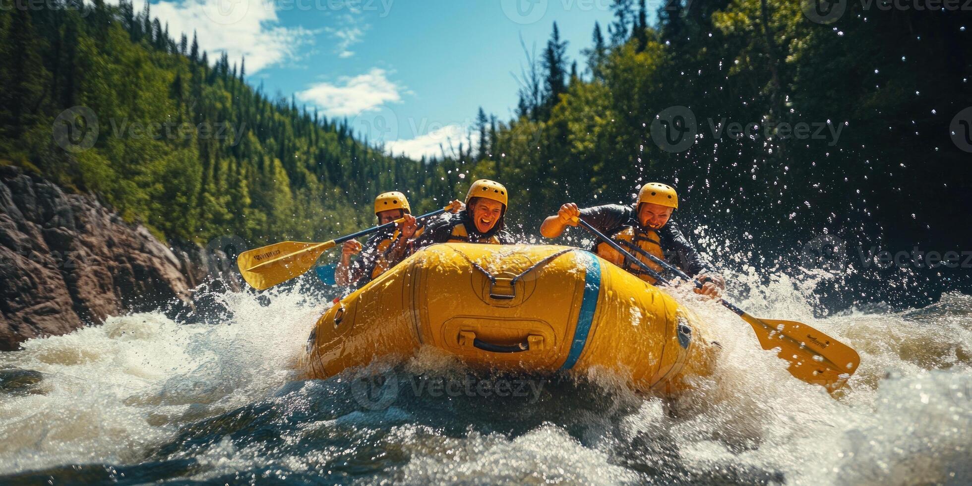 Three People In A Yellow Raft On A Whitewater Rapids photo