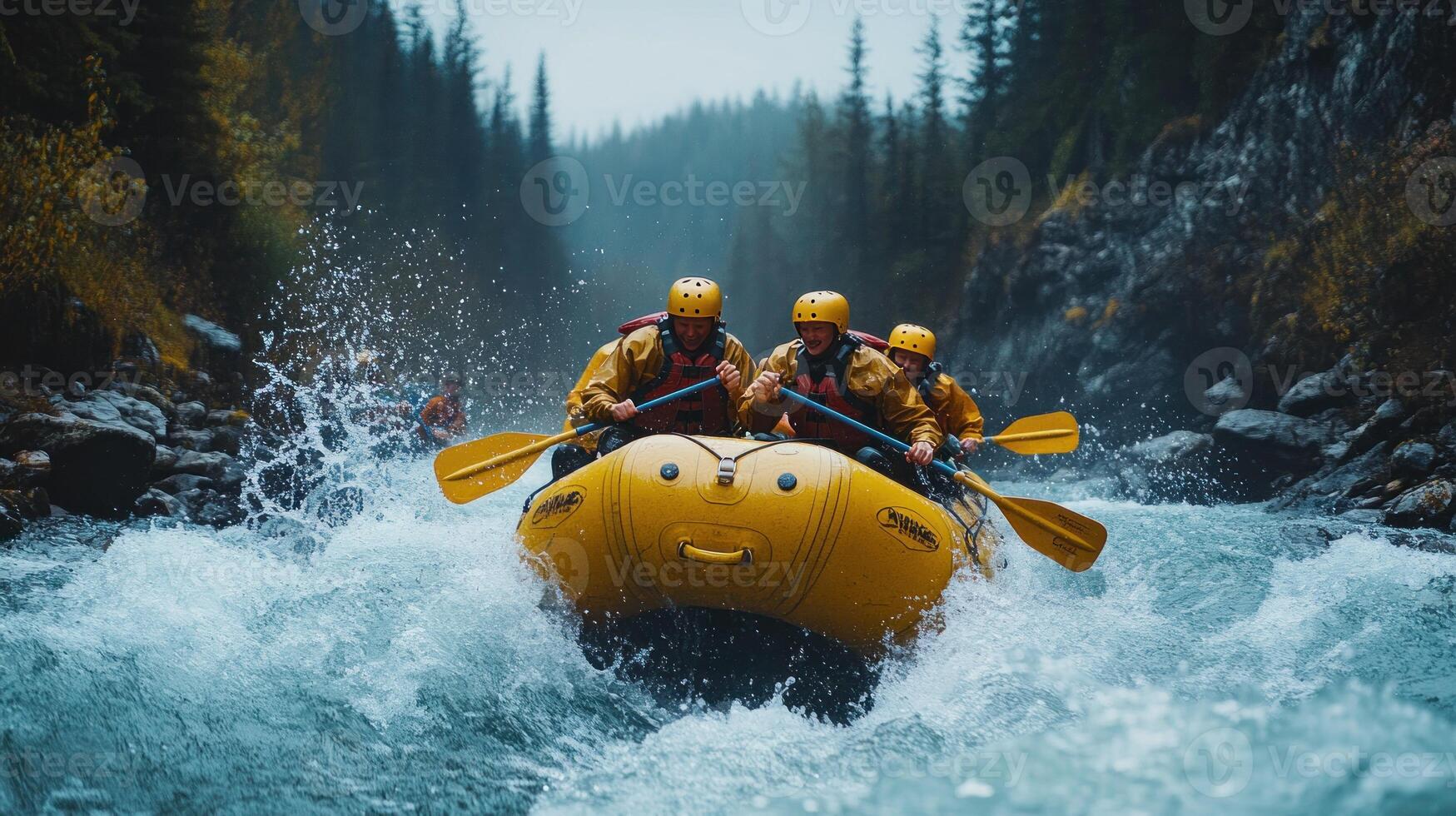 Three People Rafting Down A River In A Yellow Raft photo