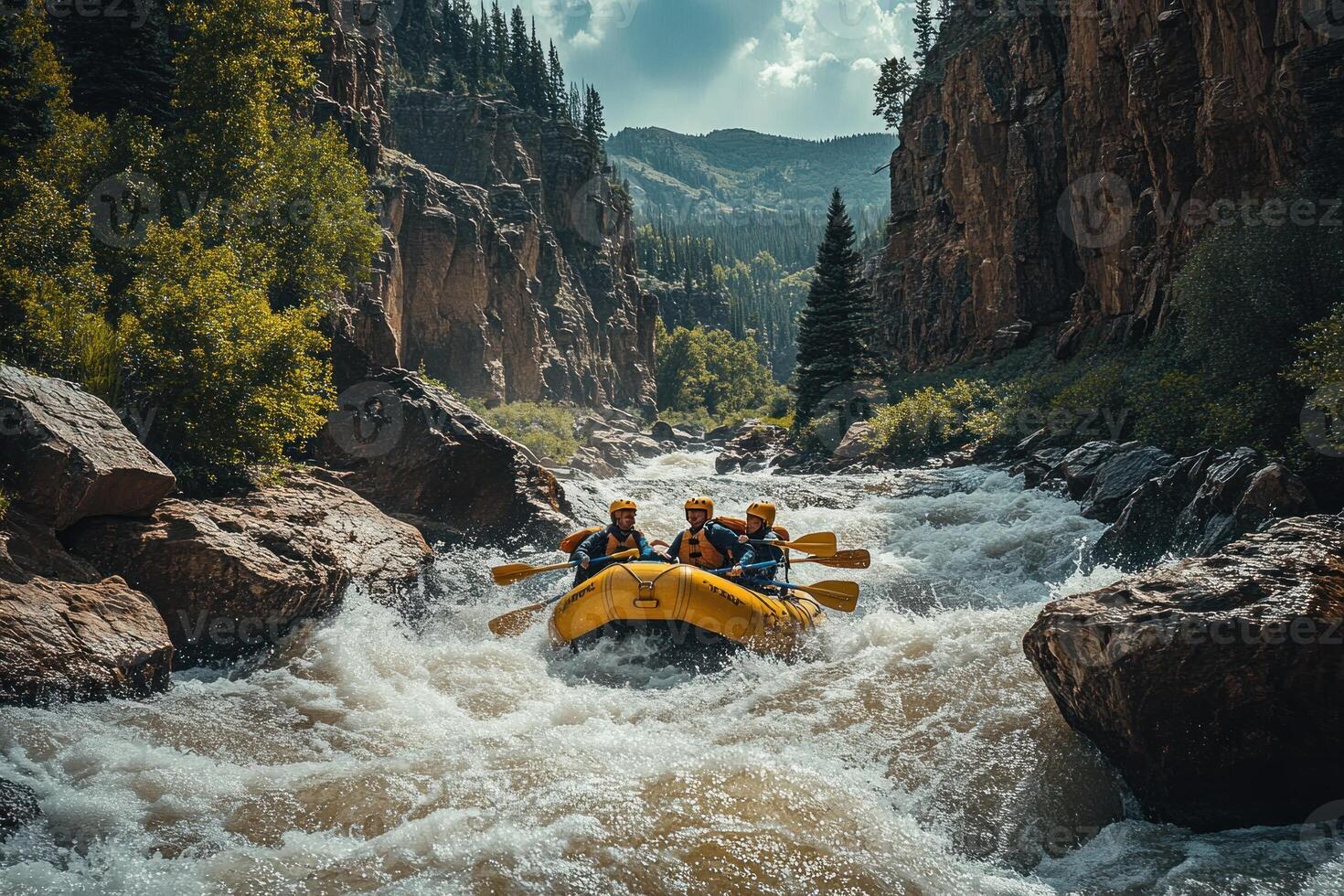 Rafting through a narrow canyon with rushing water and rocky cliffs photo