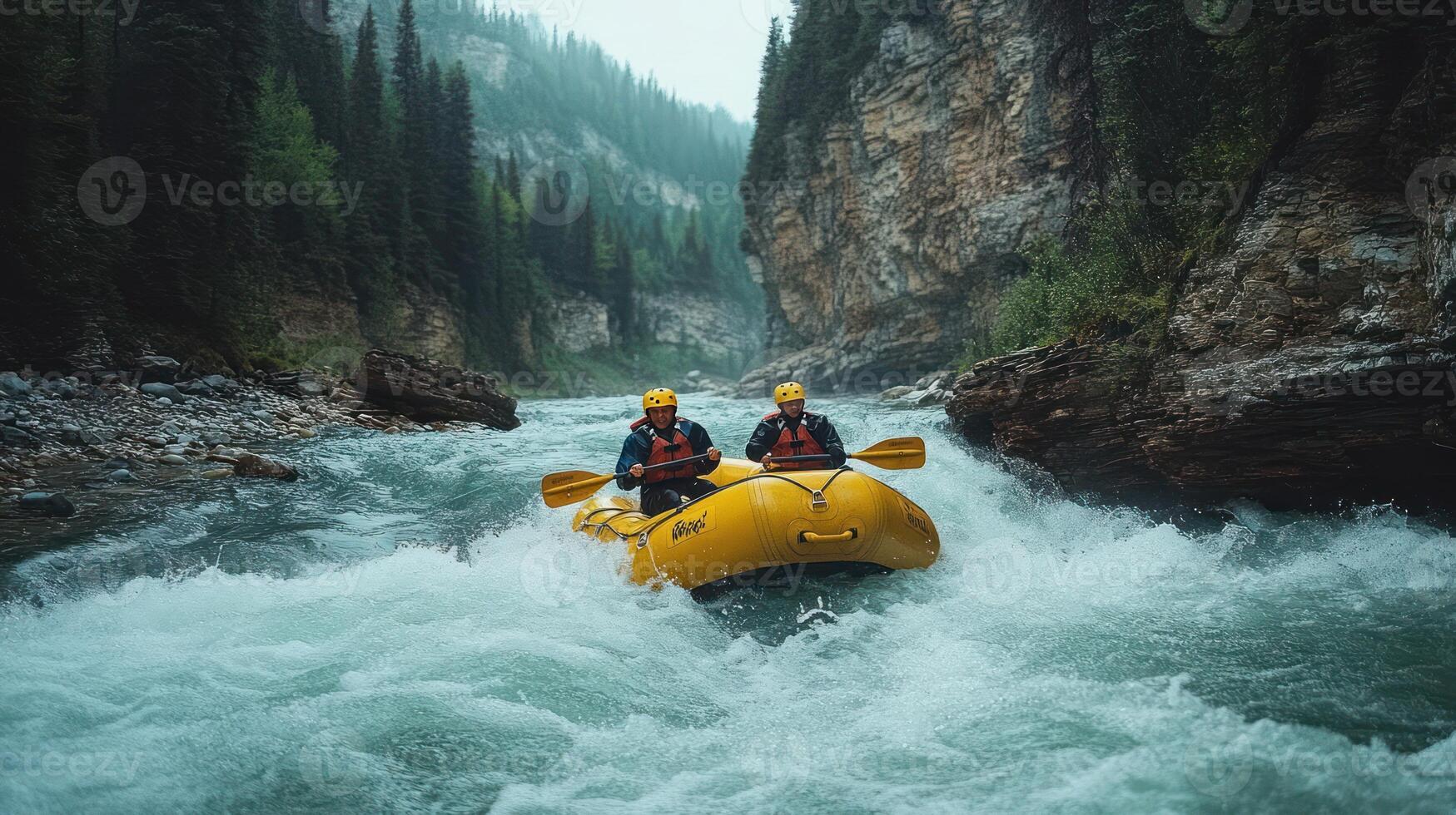 Two Men Rafting Through a Foamy Rapid in a Mountain Canyon photo