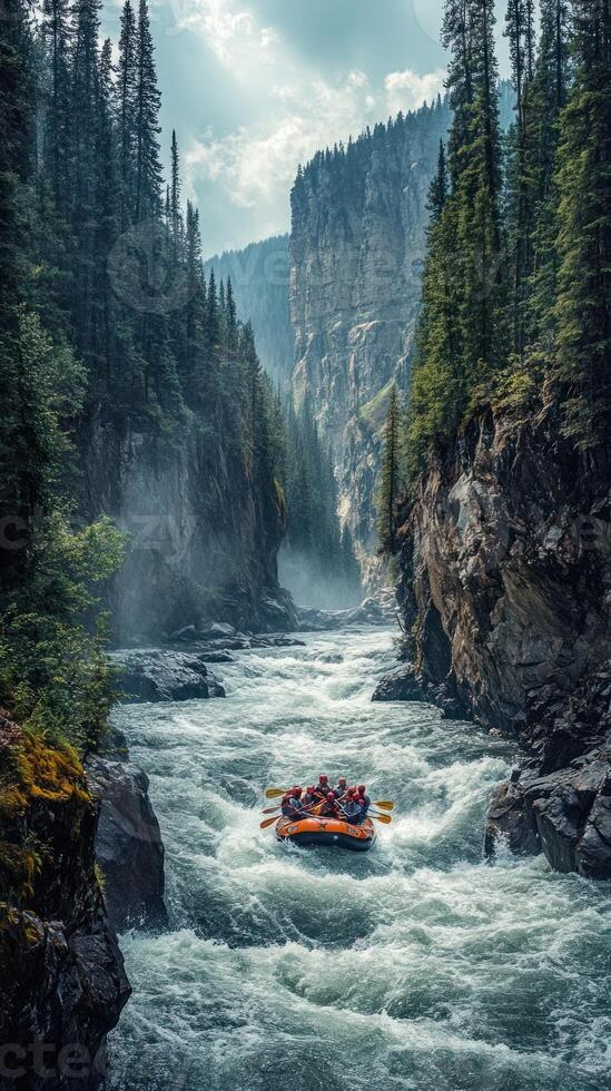 Rafting through a narrow gorge with whitewater rapids photo