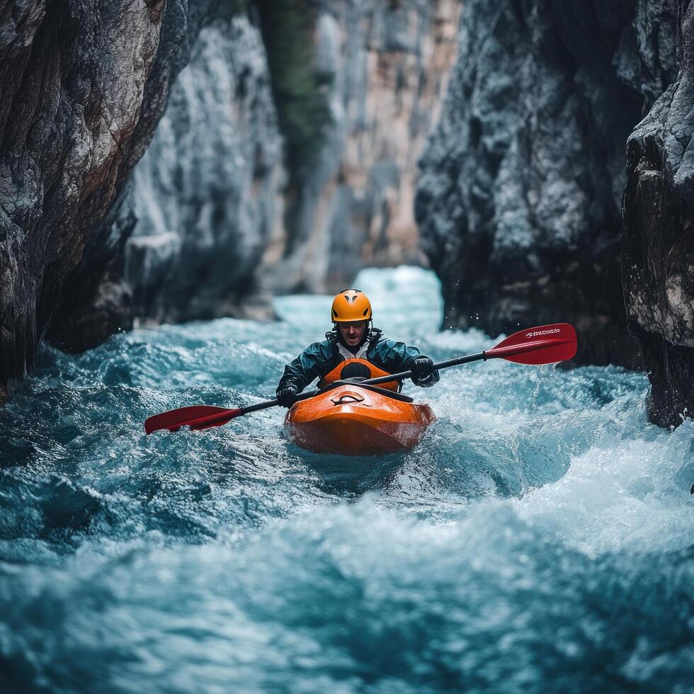 Kayaker Navigating Through Turbulent Rapids in a Narrow Canyon photo