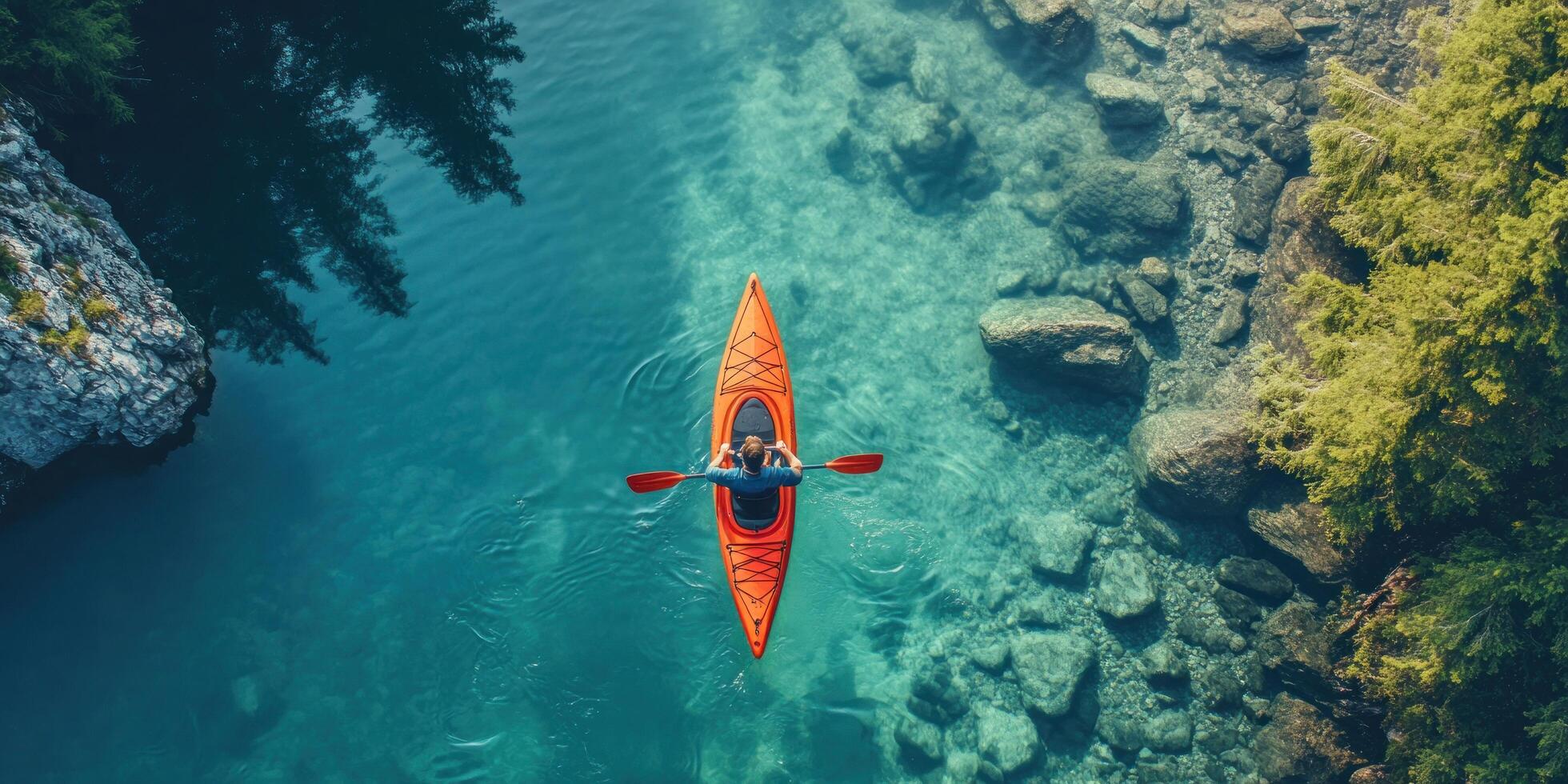 Aerial View of a Kayaker Paddling on a Tranquil Lake Surrounded by Lush Greenery photo