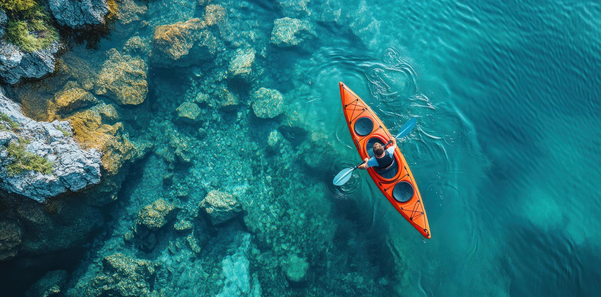 An Orange Kayak Paddling Through Turquoise Water Near Rocky Shoreline photo
