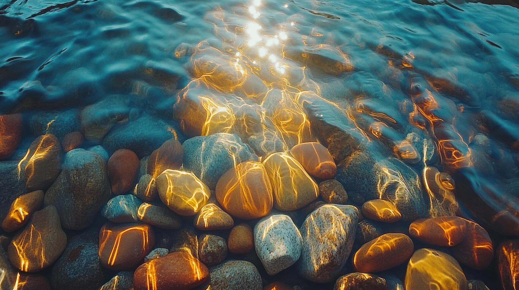Sunbeams Illuminating Smooth River Stones Submerged in Water photo