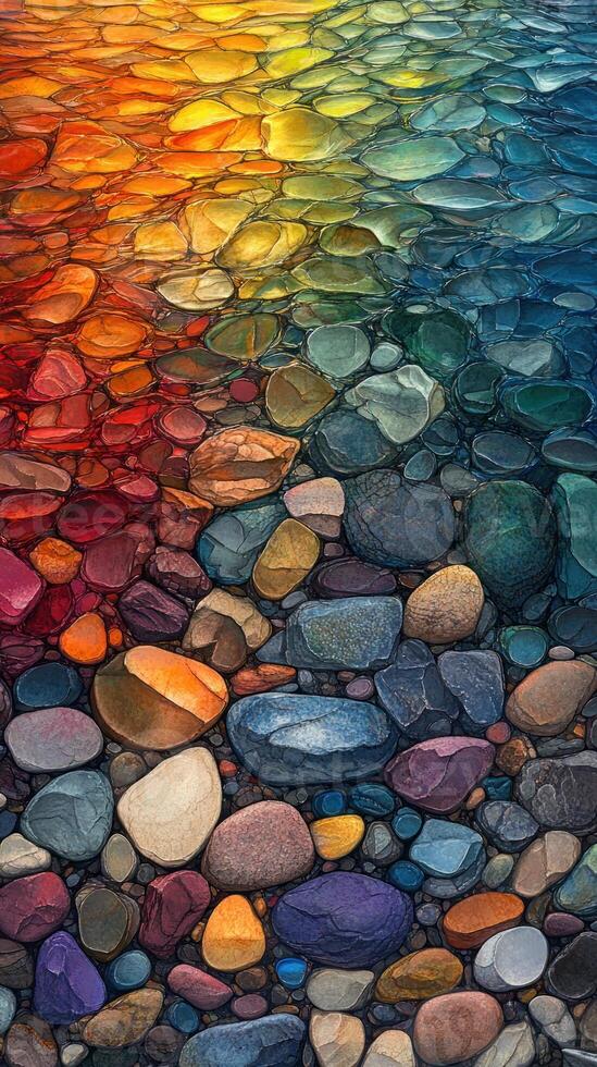 Vibrant Riverbed with Colorful Pebbles and Shimmering Water photo