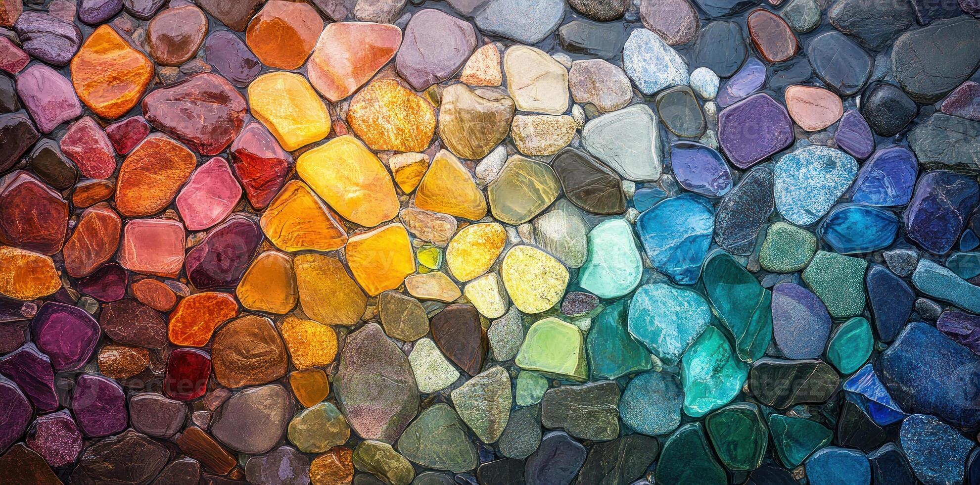 A Colorful Mosaic of Smooth Pebbles Arranged in a Rainbow Gradient photo